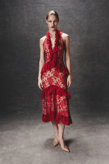 Lace midi dress with ruffles