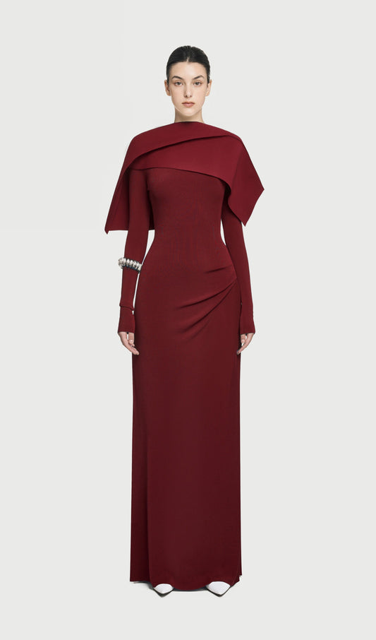 Asymmetrical Draped Shoulder Pleat Maxi Dress