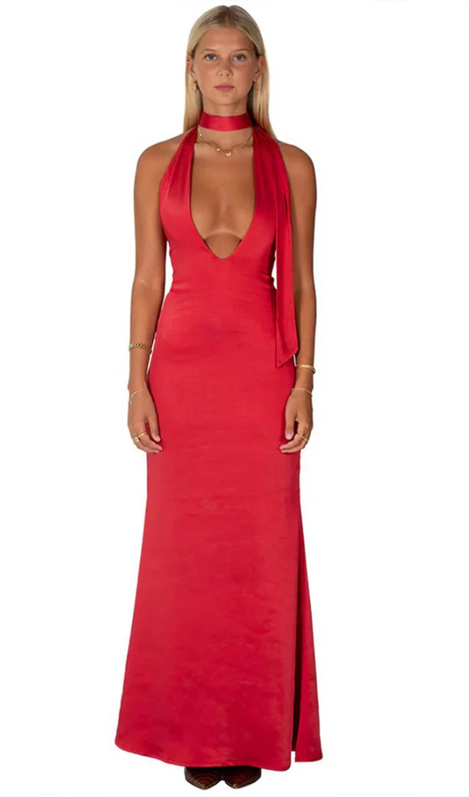 Deep V Neck Satin Maxi Dress