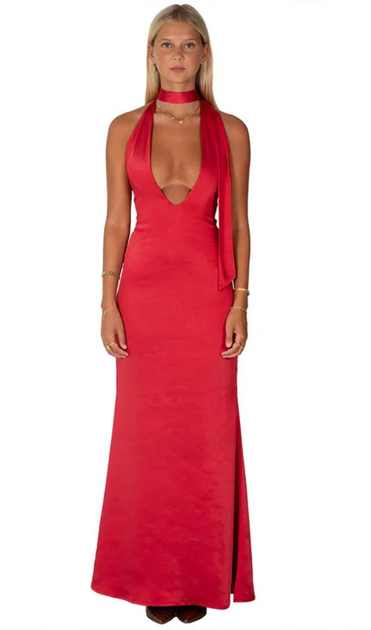 Deep V Neck Satin Maxi Dress