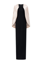 Satin Cape-Style Neckline Bow-Detail Maxi Evening Gown