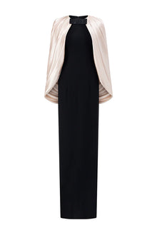 Satin Cape-Style Neckline Bow-Detail Maxi Evening Gown