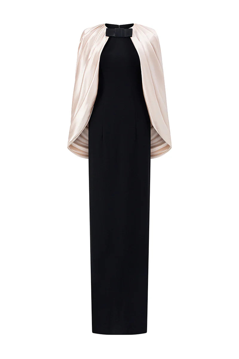 Satin Cape-Style Neckline Bow-Detail Maxi Evening Gown