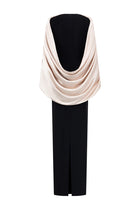 Satin Cape-Style Neckline Bow-Detail Maxi Evening Gown