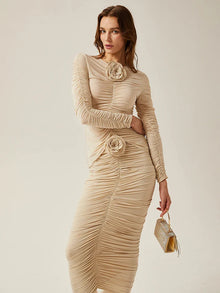 Floral-appliqué ruched skirt set in beige