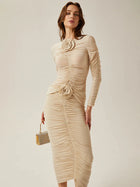 Floral-appliqué ruched skirt set in beige