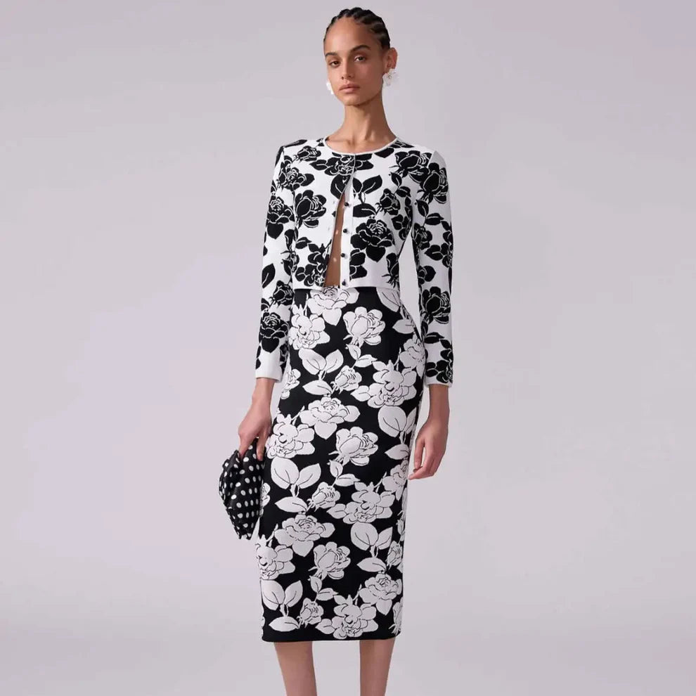 Long Sleeve Weave Flowers 2 Pieces Bodycon Bandage Set