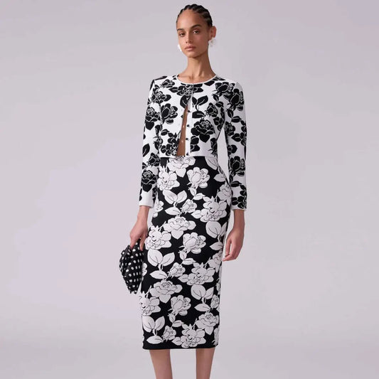 Long Sleeve Weave Flowers 2 Pieces Bodycon Bandage Set
