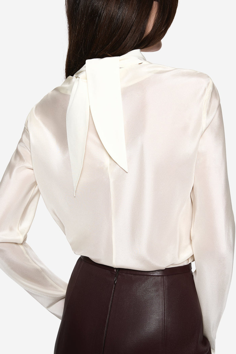 High-Neck Long-Sleeve Satin Blouse