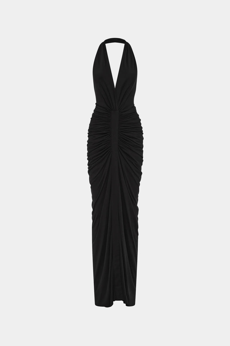 Deep-V Halter Backless Ruched Dress