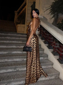Leopard Print Halter Tie-Backless Maxi Dress