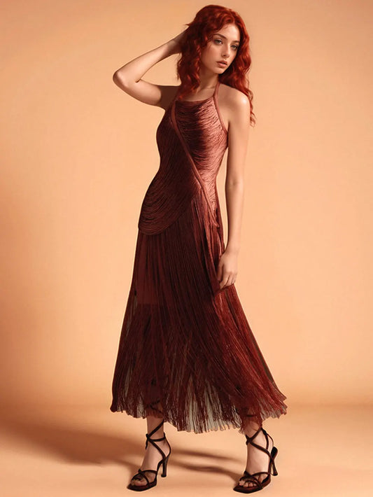 Halter Neck Sleeveless Fitted Fringed Wrap Dress