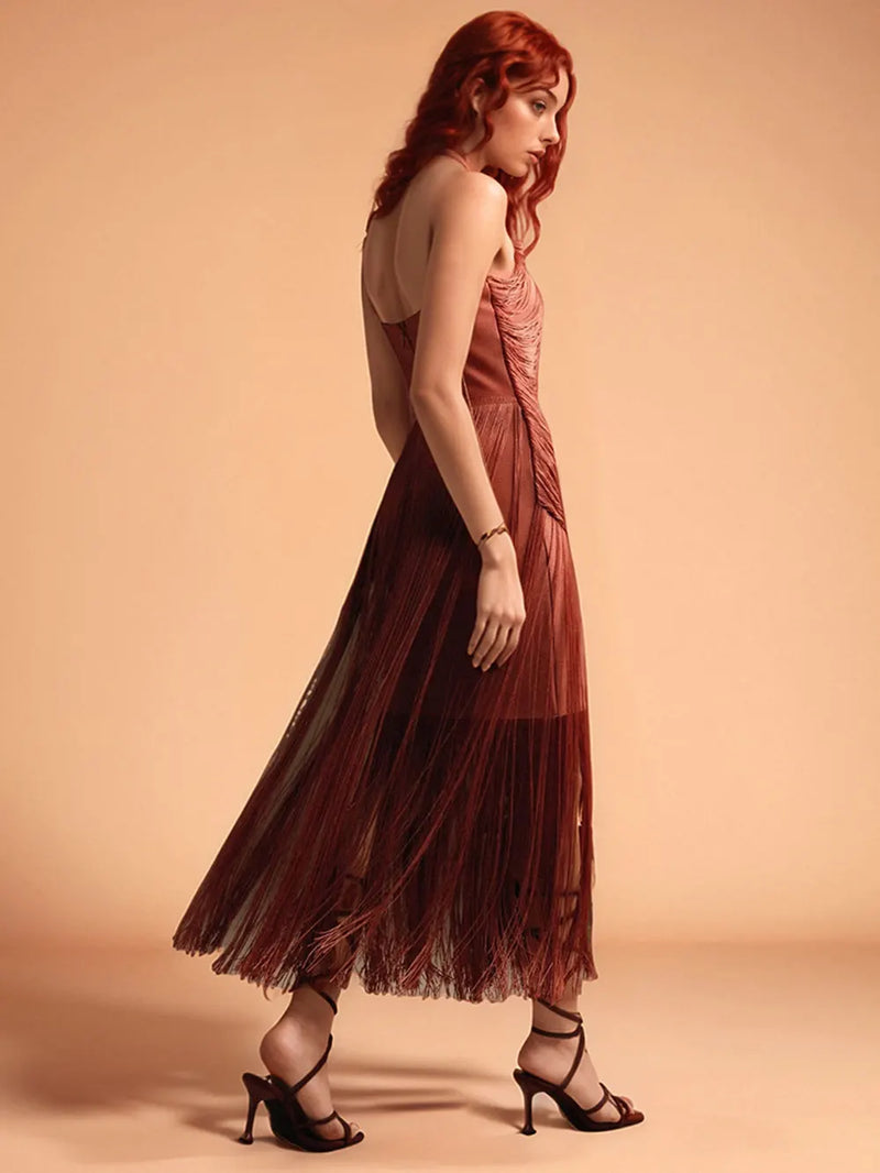 Halter Neck Sleeveless Fitted Fringed Wrap Dress