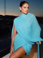 High-Neck Asymmetric Shoulder Ruched Draped Mesh Dress