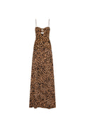 Spaghetti Strap Leopard Front High-Slit Ruched Cutout Metal-Bust-Detail Dress