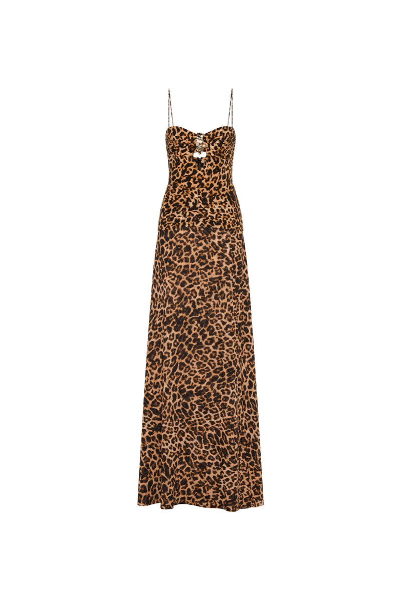 Spaghetti Strap Leopard Front High-Slit Ruched Cutout Metal-Bust-Detail Dress