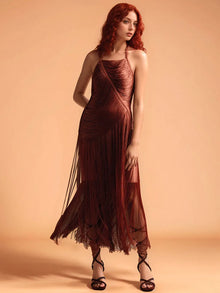 Halter Neck Sleeveless Fitted Fringed Wrap Dress