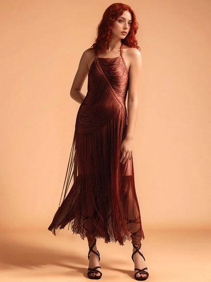 Halter Neck Sleeveless Fitted Fringed Wrap Dress