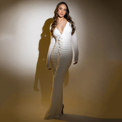 Long Sleeve Sexy V-Neck Mesh Bodycon Long Dress