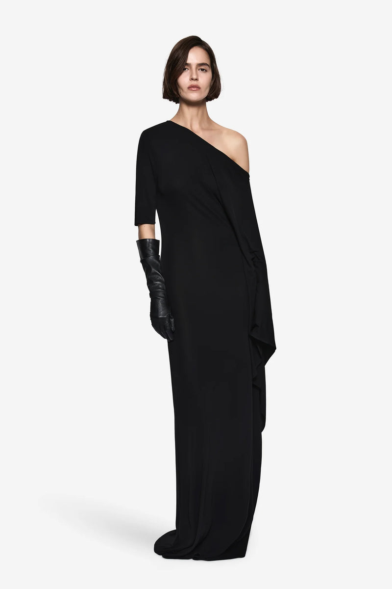 One-Shoulder Asymmetric Long-Sleeve Side-Slit Evening Gown