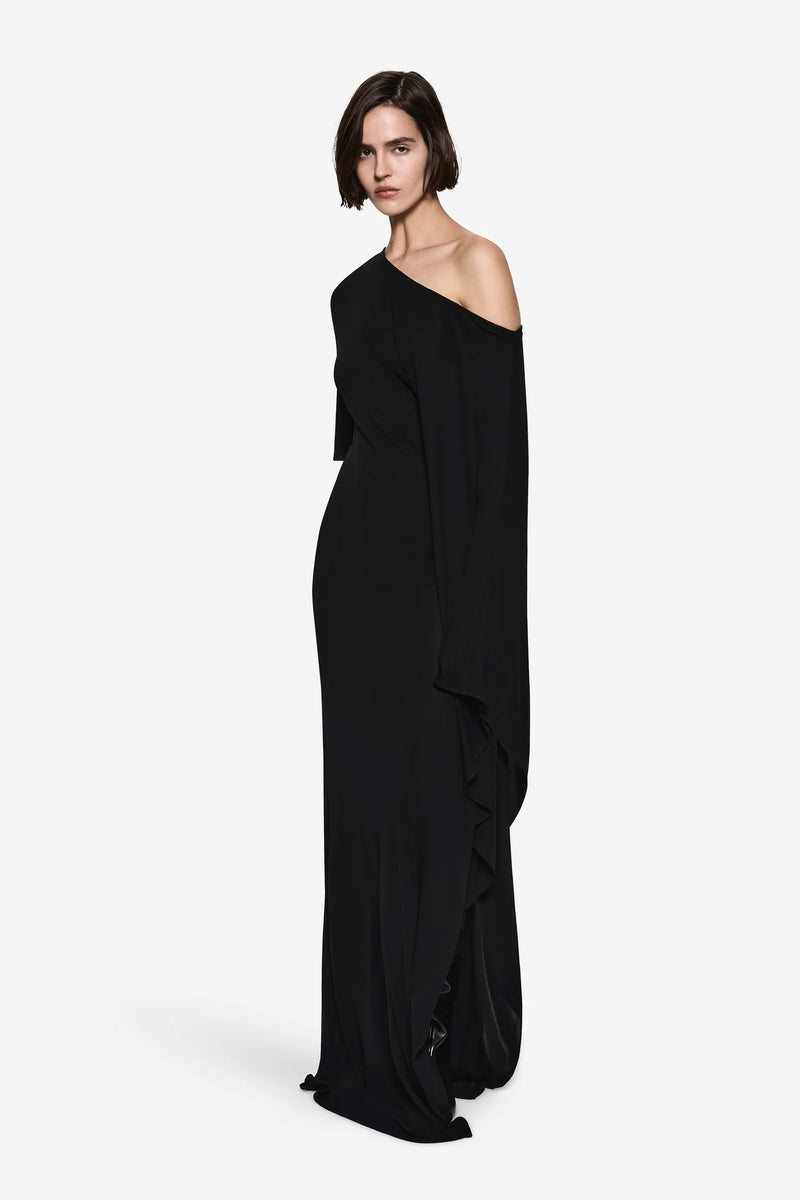 One-Shoulder Asymmetric Long-Sleeve Side-Slit Evening Gown