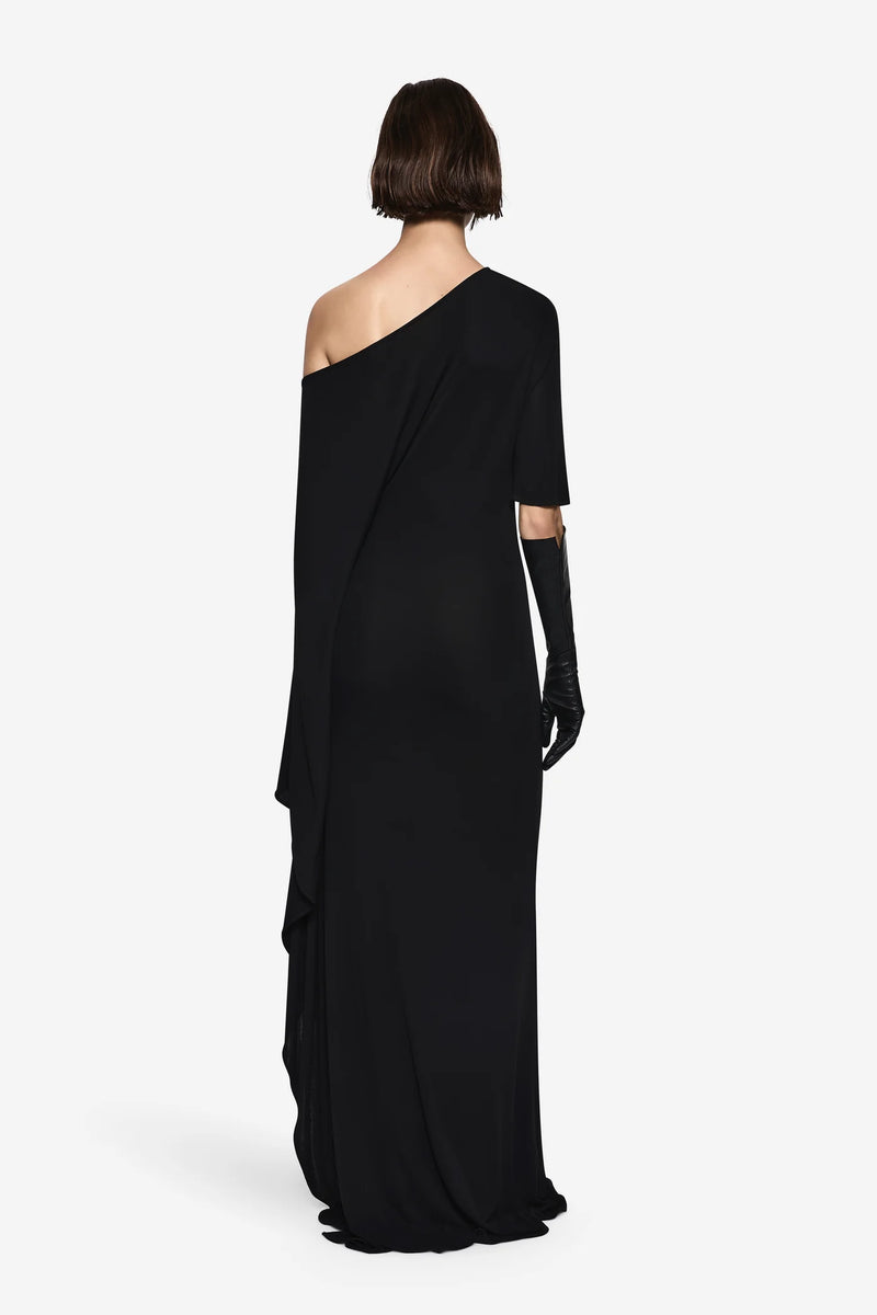 One-Shoulder Asymmetric Long-Sleeve Side-Slit Evening Gown