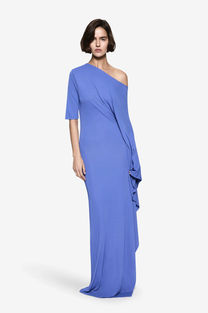 One-Shoulder Asymmetric Long-Sleeve Side-Slit Evening Gown