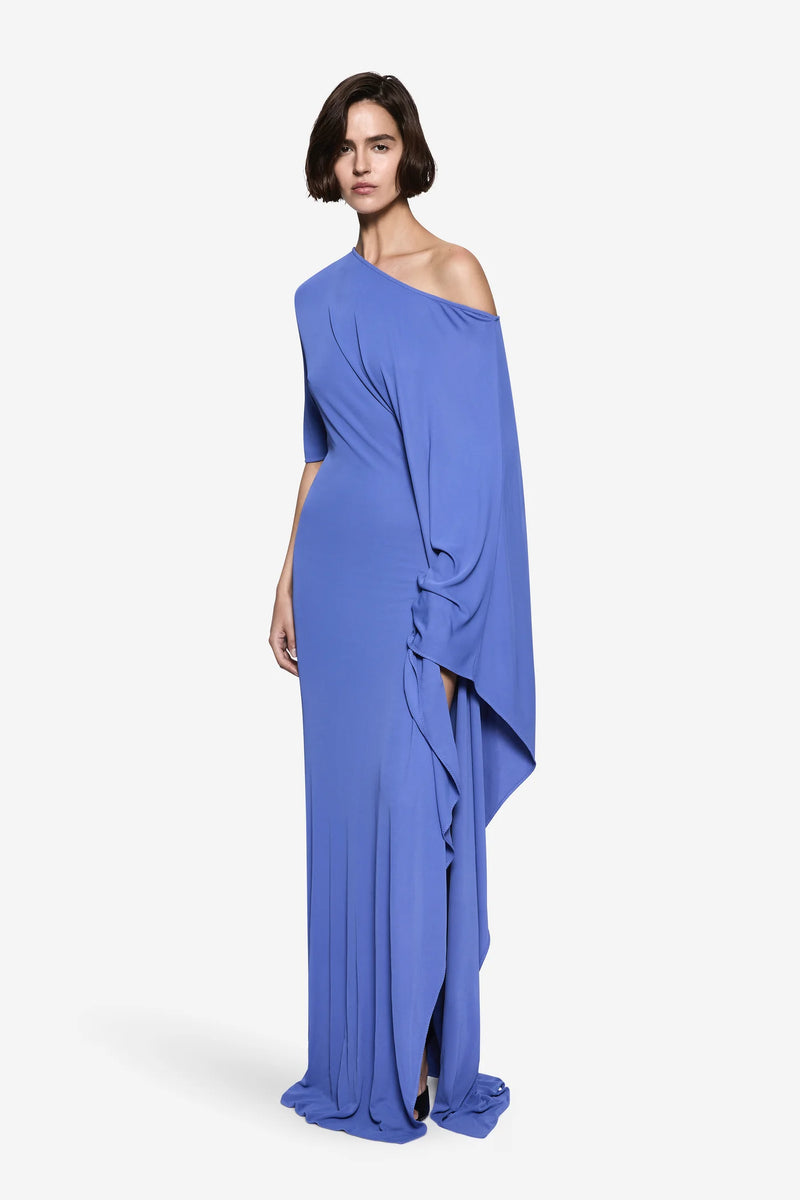 One-Shoulder Asymmetric Long-Sleeve Side-Slit Evening Gown