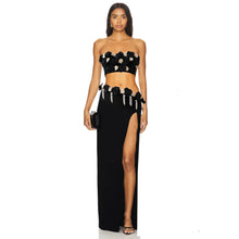 3D Floral Strapless Crop Top with Asymmetrical Waist Design & Tassel High-Slit Maxi Skirt