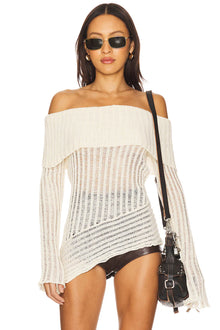 Off-Shoulder Long-Sleeve Asymmetric-Hem Knit Sweater