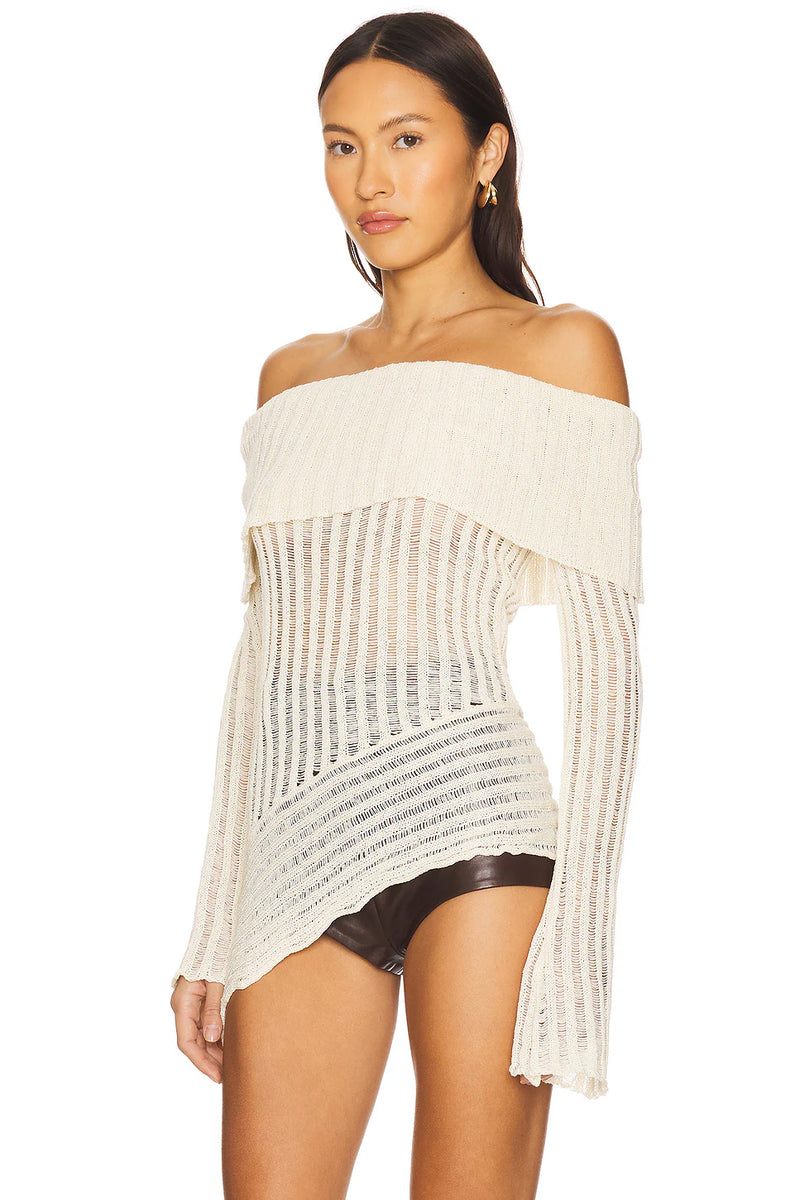 Off-Shoulder Long-Sleeve Asymmetric-Hem Knit Sweater