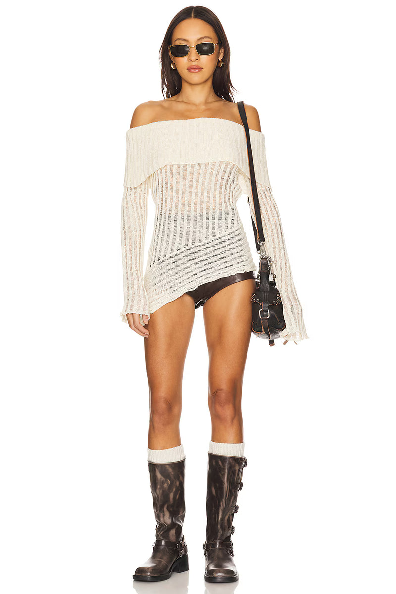 Off-Shoulder Long-Sleeve Asymmetric-Hem Knit Sweater