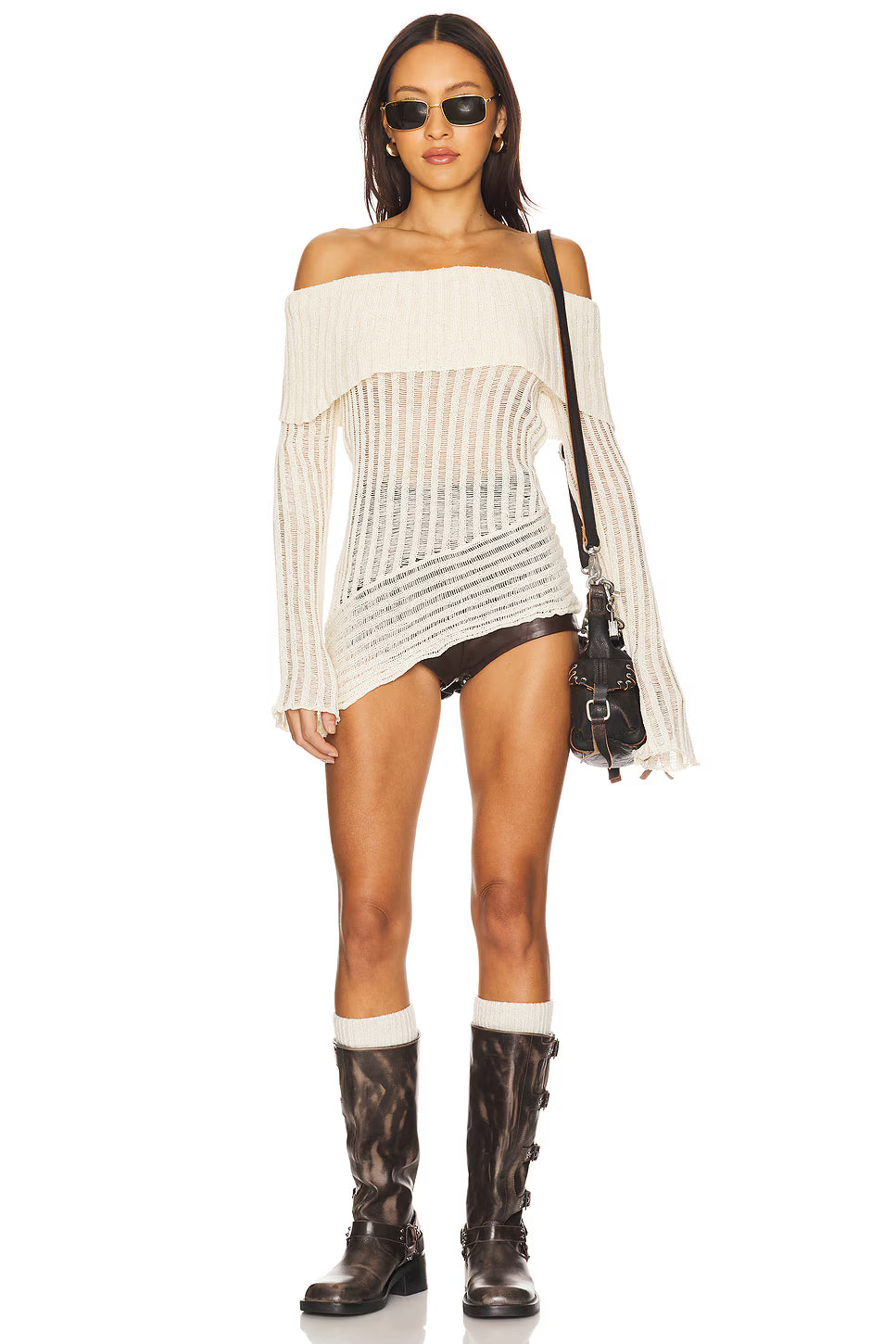 Off-Shoulder Long-Sleeve Asymmetric-Hem Knit Sweater