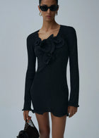Round-Neck Long-Sleeve 3D Pull-Flower Textured Dress