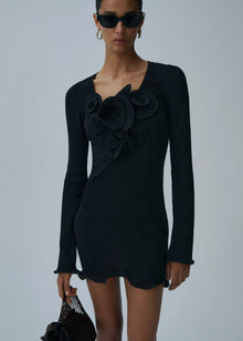 Round-Neck Long-Sleeve 3D Pull-Flower Textured Dress