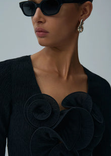 Round-Neck Long-Sleeve 3D Pull-Flower Textured Dress