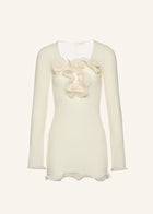 Round-Neck Long-Sleeve 3D Pull-Flower Textured Dress