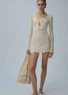 Round-Neck Long-Sleeve 3D Pull-Flower Textured Dress