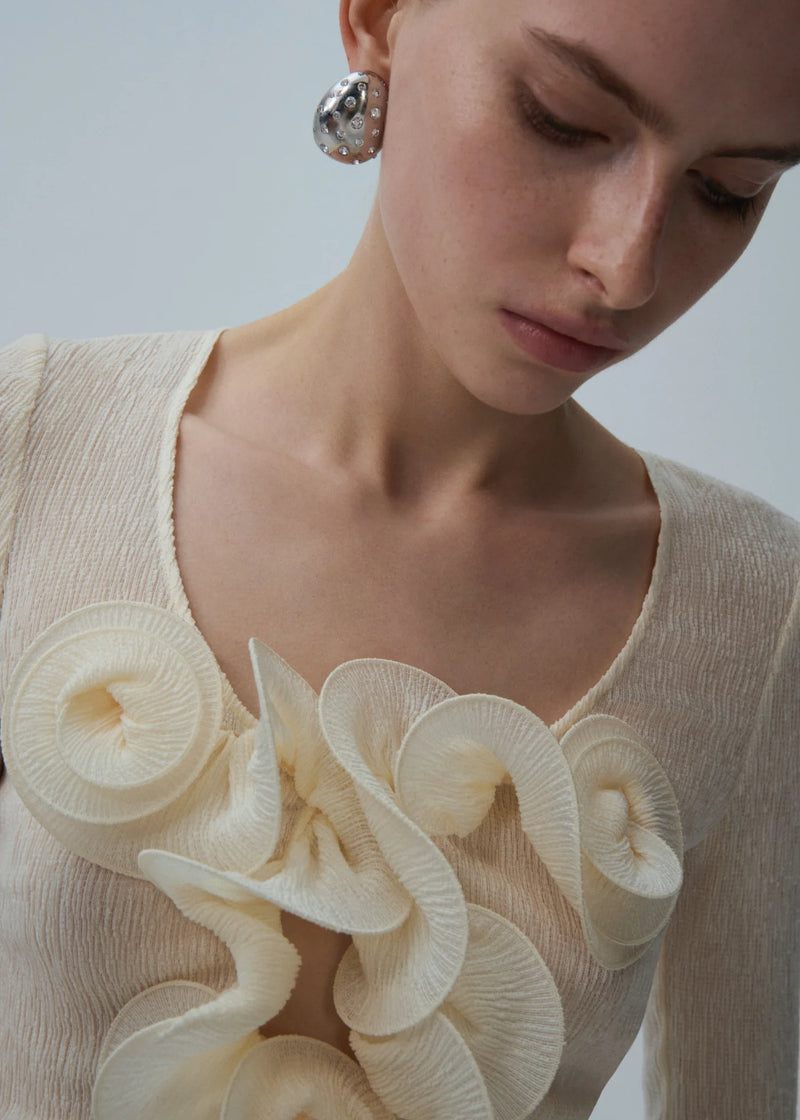 Round-Neck Long-Sleeve 3D Pull-Flower Textured Dress