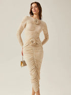 Floral-appliqué ruched skirt set in beige