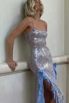 Spaghetti Strap Double-Slit Chiffon Sequin-Panel Dress