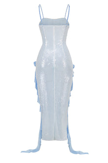 Spaghetti Strap Double-Slit Chiffon Sequin-Panel Dress