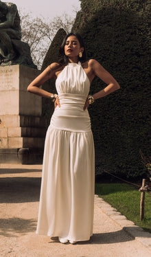 Satin Halter Draped Bodice Maxi Dress