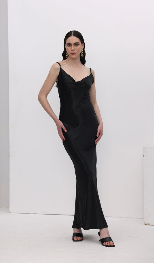 Satin Cowl Neck Backless Slip Dress