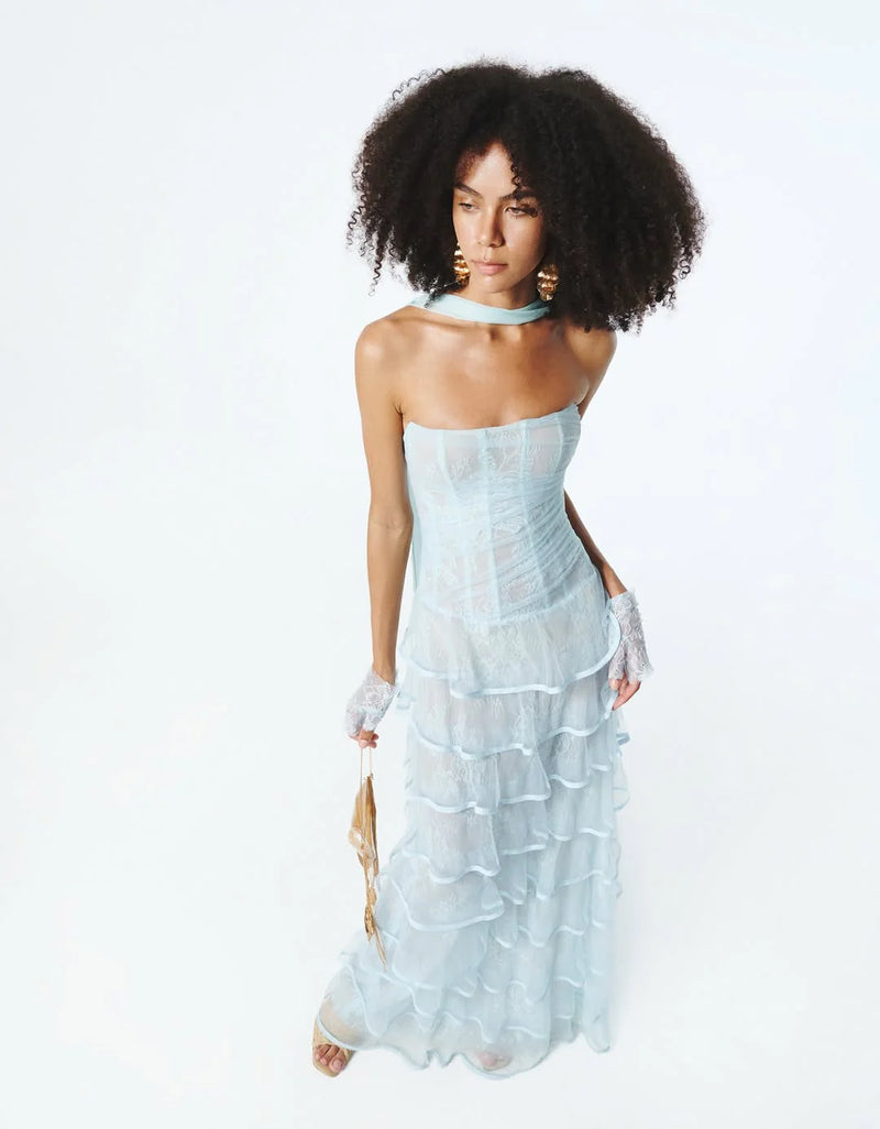 Corset-Style Strapless Tiered Lace Dress