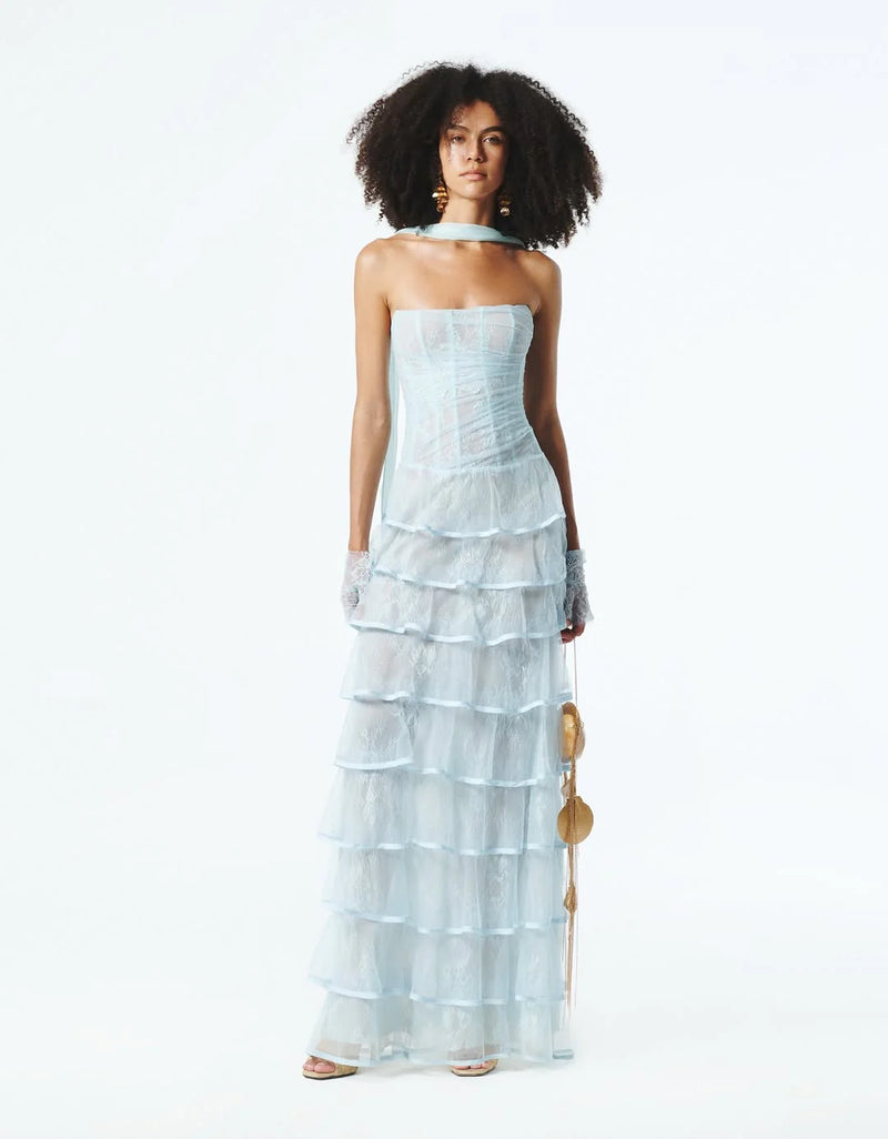 Corset-Style Strapless Tiered Lace Dress