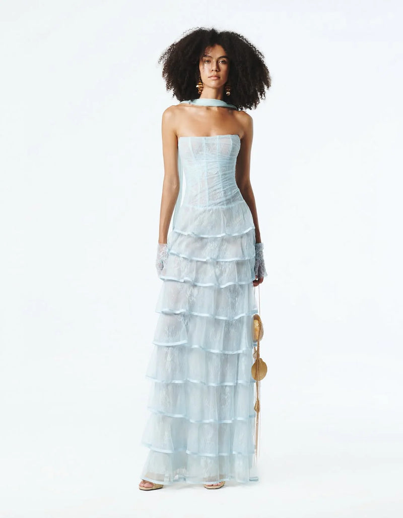 Corset-Style Strapless Tiered Lace Dress