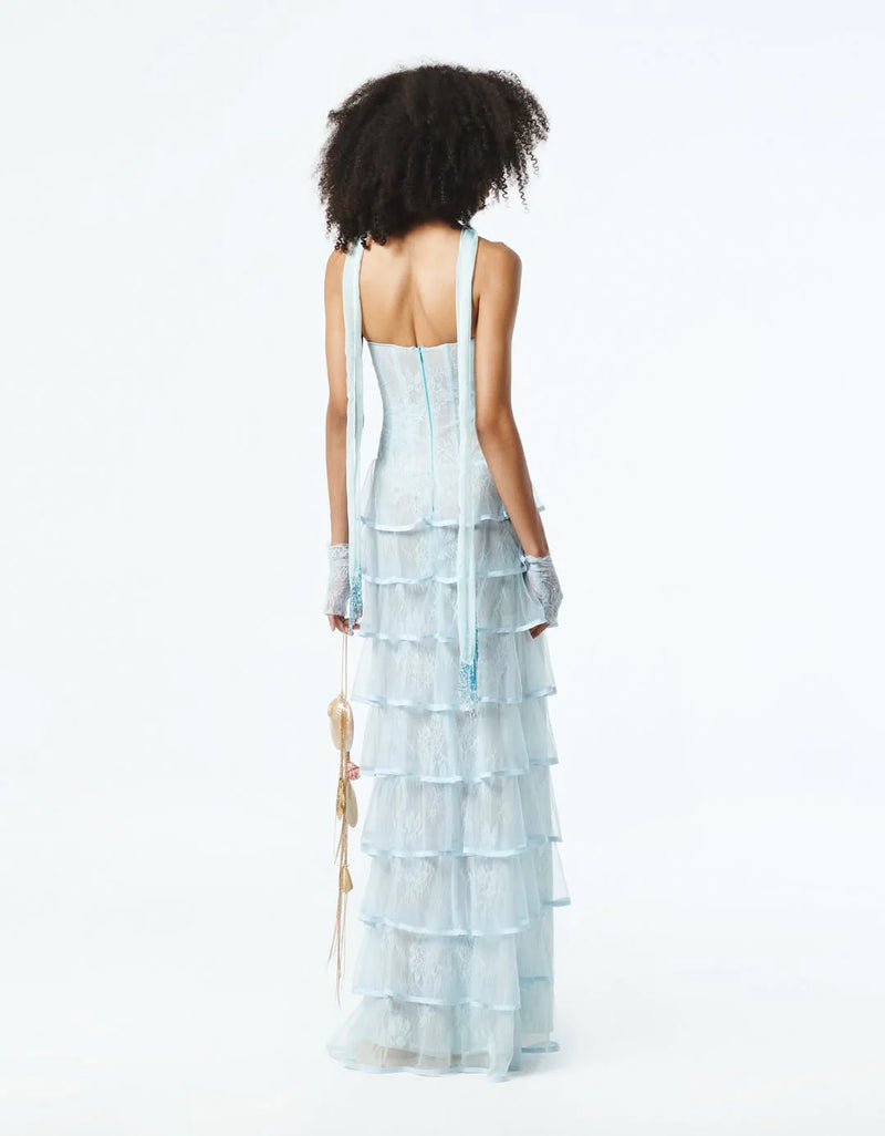 Corset-Style Strapless Tiered Lace Dress