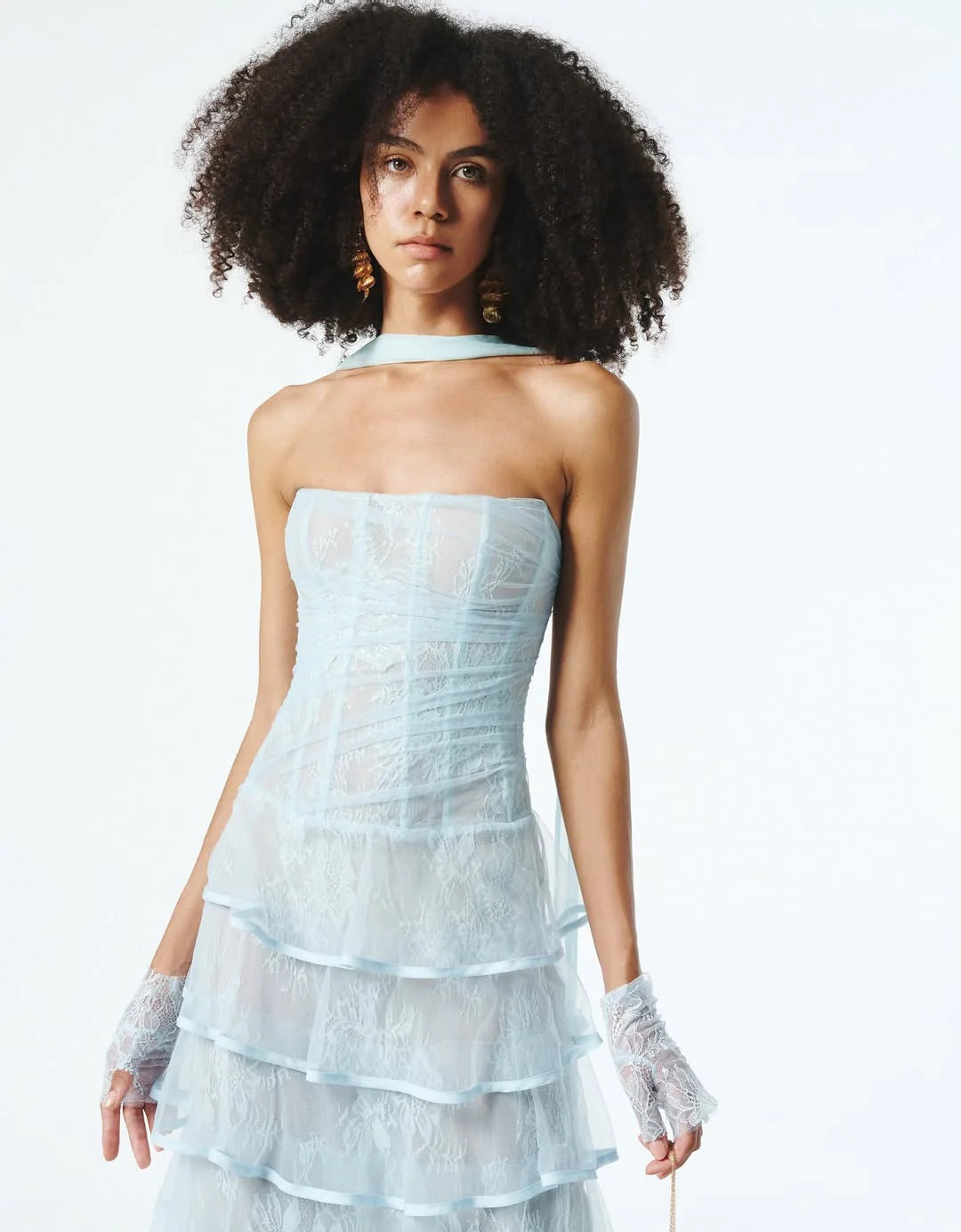 Corset-Style Strapless Tiered Lace Dress