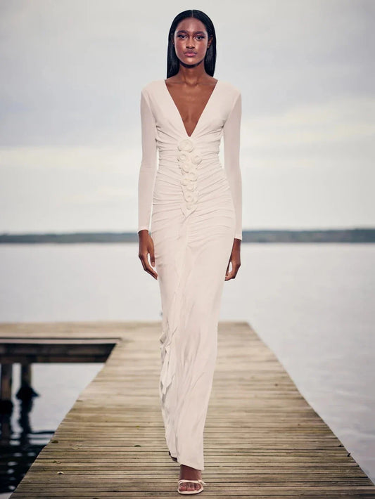 Long Sleeve Sexy V-Neck Mesh Bodycon Long Dress